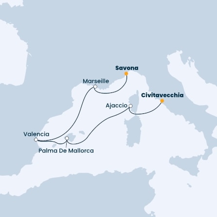 Italy, Corsica (France), Balearic Islands, Spain, France
