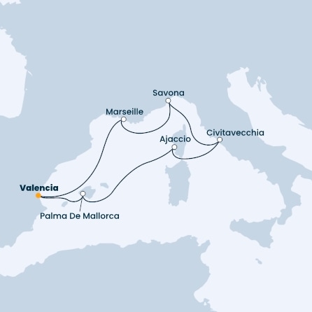 Spain, France, Italy, Corsica (France), Balearic Islands