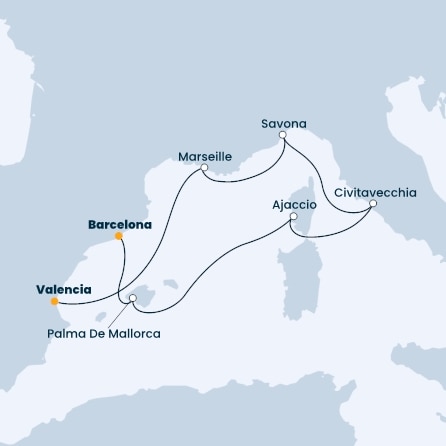 Spain, France, Italy, Corsica (France), Balearic Islands