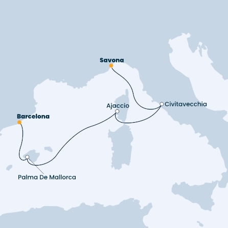 Italy, Corsica (France), Balearic Islands, Spain