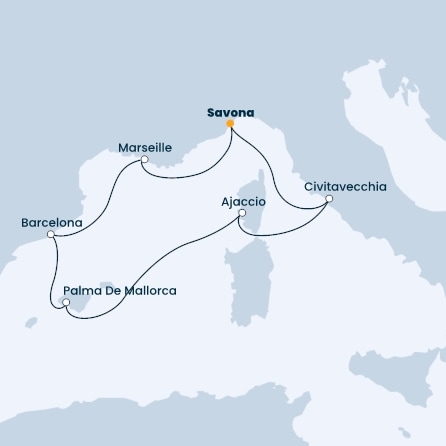 Italy, Corsica (France), Balearic Islands, Spain, France