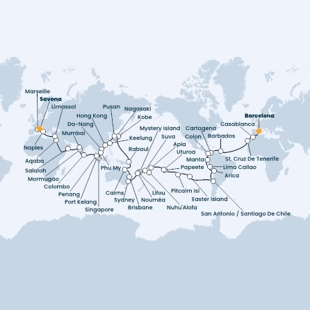 Spain, Morocco, Canary Islands, Antilles, Costa Rica, Colombia, Panama, Chile, Polynesia, Tonga, Fiji, Australia, Japan, India, Italy