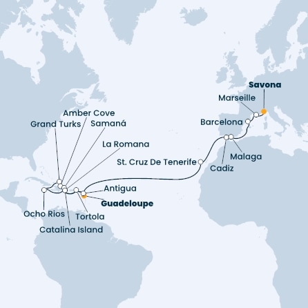 Antilles, Virgin Islands, Dominican Republic, Jamaica, Turks Islands, Canary Islands, Spain, France, Italy