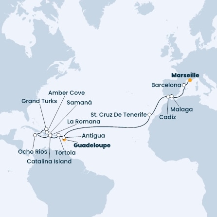 Antilles, Virgin Islands, Dominican Republic, Jamaica, Turks Islands, Canary Islands, Spain, France